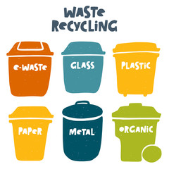 Waste sorting. Trash basket. Hand drawn vector illustration. Organic, Metal, Plastic, Paper, Glass, E-waste. Garbage recycling. Ecology and recycle concept. 