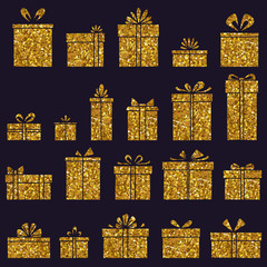 Collection of golden gift boxes isolated on dark background. Vector illustration