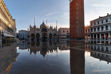 basilica san marco and bell tower in flooded san marco square