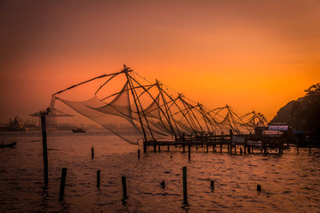 Fototapeta na wymiar Chinese fishing nets in Kerala, Kochi India