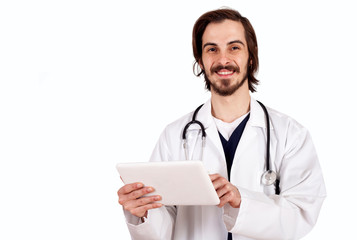 portrait of a young doctor holding clipboard