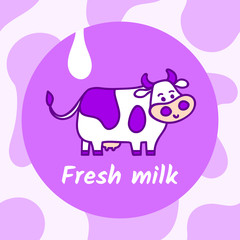 Standing spotted cute cow in violet pastel colors in line cartoon style with 