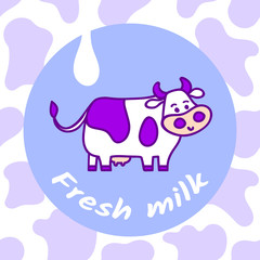 Standing spotted cute cow in violet pastel colors in line cartoon style with 