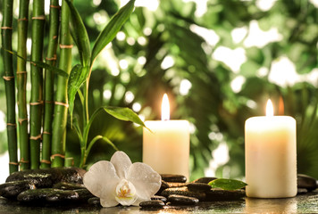 Obraz na płótnie Canvas Grean bamboo leaves, white orchid, towel and candles over zen stones on tropical leaves background