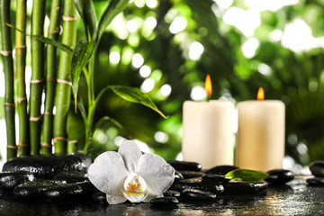 Obraz na płótnie Canvas Grean bamboo leaves, white orchid, towel and candles over zen stones on tropical leaves background