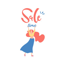 Vector illustration, flat cartoon woman with long ginger hair raising hands up and 