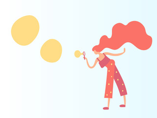 Vector illustration, trendy flat cartoon girl blowing bubbles. In warm colors, including coral (2019 trend color). Applicable as spring activities concept for posters, web banners etc.