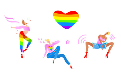 Vector colorful illustration, trendy gay men on heels set. Flat cartoon style, isolated. Contains rainbow flag. Applicable for LGBT (LGBTQ), transgender rights, pride parade, love is love concepts.