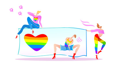 Vector colorful illustration, trendy gay men on heels with a poster and a rainbow heart. Flat cartoon style, isolated. Applicable for LGBT (LGBTQ), transgender rights concepts etc.