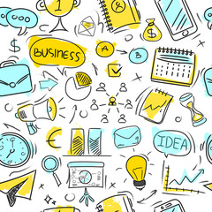 Seamless pattern Big set of hand-drawn business icons on a white background. Doodle style. Yellow and blue color.