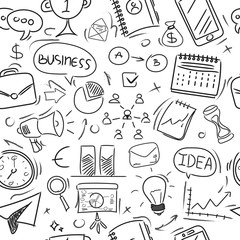 Seamless pattern Big set of hand-drawn business icons on a white background. Doodle style.