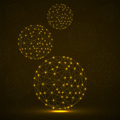 Abstract wireframe globes, network connections with glowing dots and lines. Vector