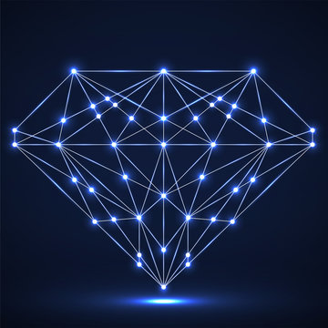 Diamond with glowing lines and dots, polygonal structure. Vector illustration