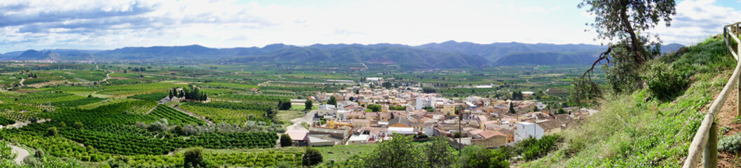 Fototapeta na wymiar Panorámica de los campos y pueblo de Montesa