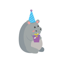 Hippo cartoon design, Animal happy birthday celebration decoration and surprise theme Vector illustration