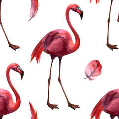 Obraz premium Watercolor seamless pattern with flamingo hand drawing decorative background. Print for textile, cloth, wallpaper, scrapbooking