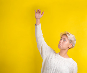 Vertical portrait photo of astonished teen girl with white hair impressed raise arm shows grow up...