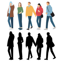 Silhouettes of men and women standing and walking, cartoon character, group business people, vector illustration, flat designe icon, isolated on white background