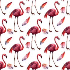 Obraz premium Watercolor seamless pattern with flamingo hand drawing decorative background. Print for textile, cloth, wallpaper, scrapbooking