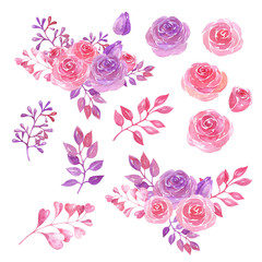 Watercolor decorative pink roses and leaves set.