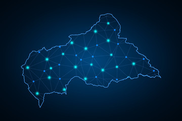 Obraz premium Abstract mesh line and point scales on dark background with Map of central African Republic. Wire frame 3D mesh polygonal network line, design sphere, dot and structure. communications map . - Vector