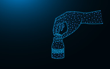 Hand opens a bottle, medical supplies  polygonal vector illustration