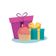 Gifts with cupcake design, happy birthday celebration decoration party festive and surprise theme Vector illustration