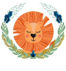 Vector illustration with cute animal. Lion head in a round frame of flowers and leaves