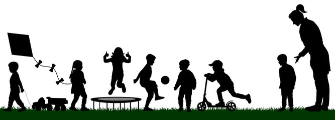 Kindergarten with playing children. Socialization of children. Playground with kids silhouette vector. Mom pushes her son to play with the children