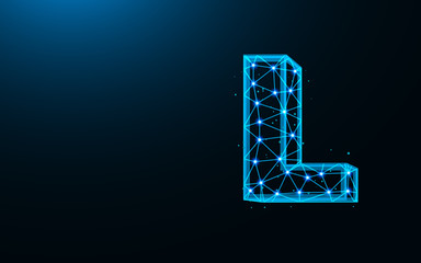 Letter L low poly design, alphabet abstract geometric image, font wireframe mesh polygonal vector illustration made from points and lines on dark blue background