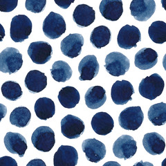 Hand-painted seamless polka dot pattern. Abstract watercolor shapes in indigo blue.