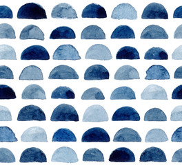 Hand-painted seamless pattern. Abstract watercolor shapes in indigo blue.