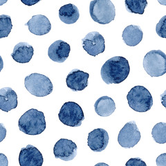 Hand-painted seamless polka dot pattern. Abstract watercolor shapes in indigo blue. - 306559750
