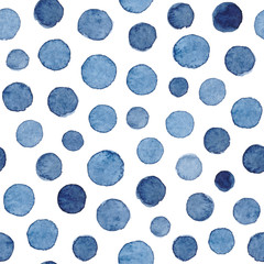 Hand-painted seamless polka dot pattern. Abstract watercolor shapes in indigo blue.