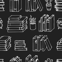 Hand drawn seamless vector pattern with Books on blackboard. Notebooks, Notepads and Diaries. Sketch Stack of books. Office stuff, student desk. Cartoon style illustration. Doodle elements. School
