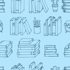 Hand drawn seamless vector pattern with Books. Notebooks, Notepads and Diaries. Sketch Stack of books. Office stuff, student desk. Simple cartoon style illustration. Blue lines Doodle elements. School