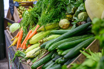 Various vegetables on display at a fruit and veg stall in Borough Market, London