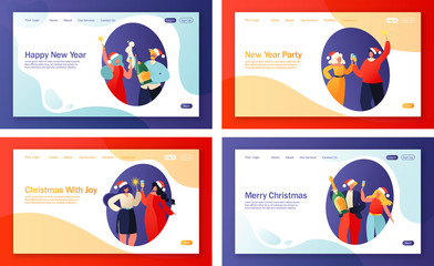 Winter holidays landing page template. Set of concept for web pages on New Year party celebration theme. People waiting for midnight to make a wish. They hold champagne and sparklers in hands.