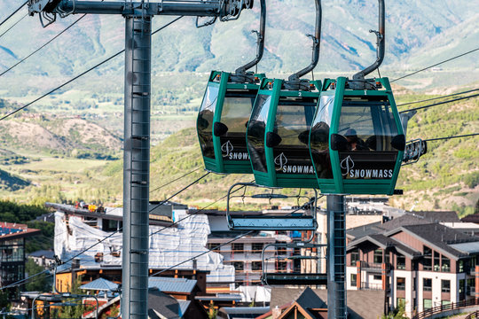 Aspen, USA - June 24, 2019: Snowmass village town in Colorado downtown with free ski lift sky cab gondola