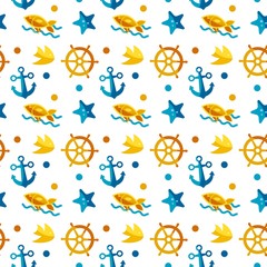 Seamless patterns on a white background in a flat style with elements of anchor, fish and wheel. Texture for web page, greeting cards, posters and banners. Prints on fabric and paper.