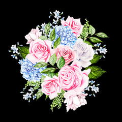 Beautiful watercolor wedding bouquet with watercolor roses,hydrangea,  leaves and berries. 