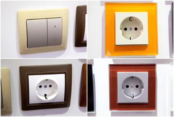 Set of photos. Modern European standard electrical outlet on the wall close up