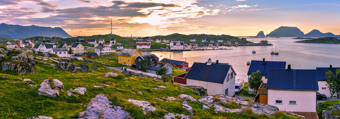 Panoramic view of Gjesvaer village in the west of Mageroya Island. Nordkapp Municipality in Norwegian Finnmark county.
