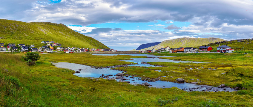 Panoramic view of Skarsvag village in Mageroya Island.  Nordkapp Municipality in Norwegian Finnmark county.