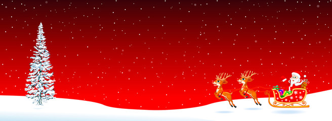 Santa Claus sleigh fir tree on red. Santa Claus on a sleigh with deers on a red background. Spruce, snowflakes, snow. Christmas night. Santa welcomes