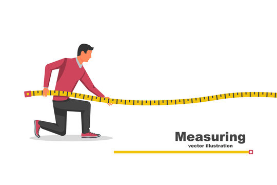 Measuring tape in the hands of the person making the measurements.Vector illustration flat design isolated on white background. Interior design concept