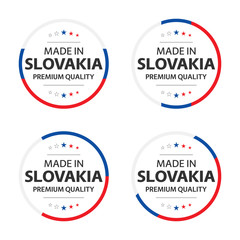Set of four Slovak icons, English title Made in Slovakia, premium quality stickers and symbols, internation labels with stars, simple vector illustration isolated on white background