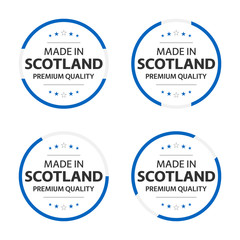 Set of four Scotch icons, English title Made in Scotland, premium quality stickers and symbols, internation labels with stars, simple vector illustration isolated on white background