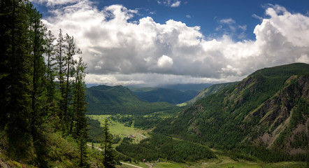Fototapeta na wymiar Panorama summer day in the Altai mountains with clouds, Russia,