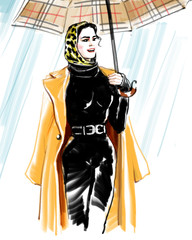 Fashion illustration of an young dark haired woman with an umbrella